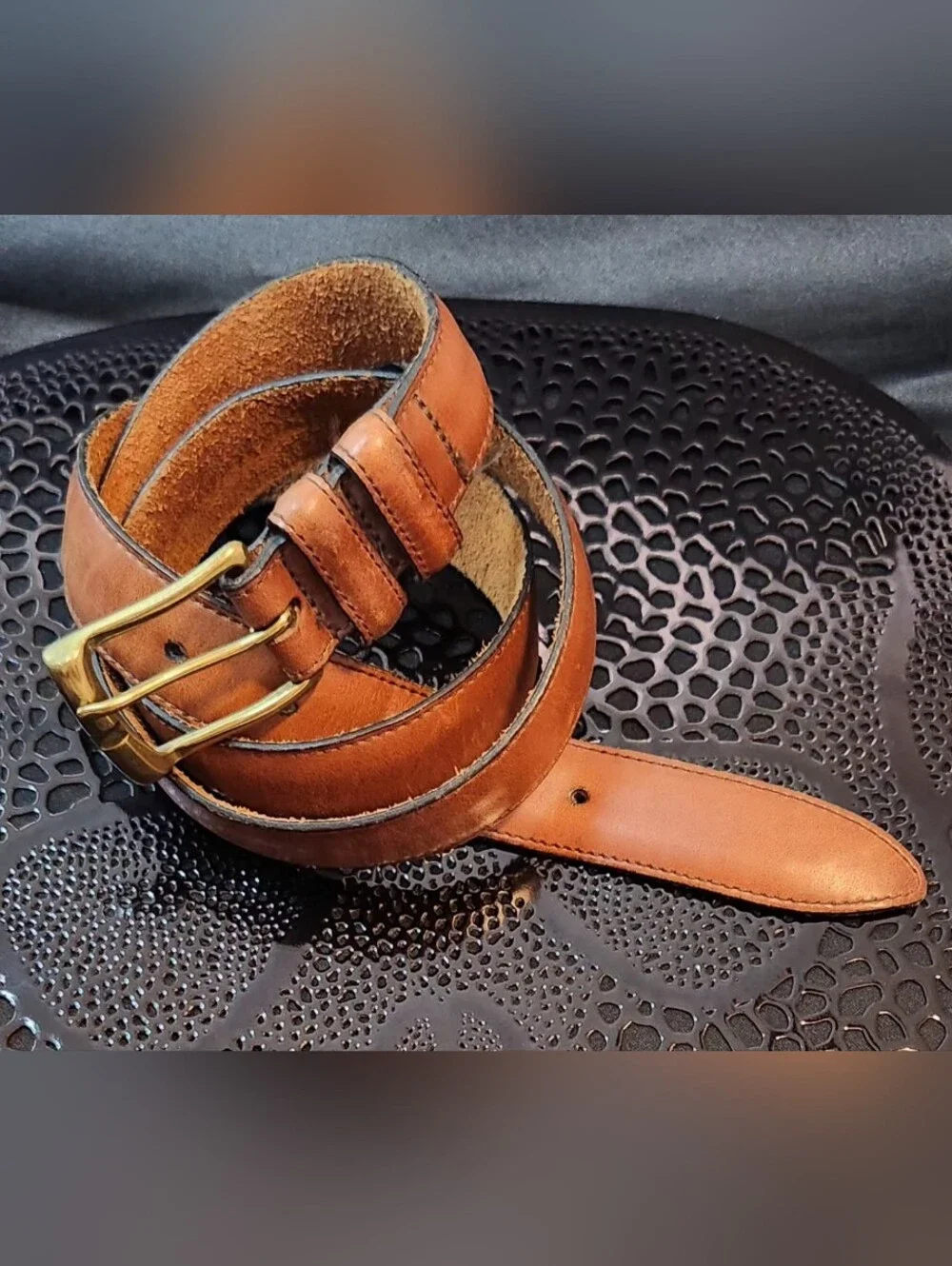 Vintage-style Brown Leather Belt With Solid Brass Buckle & Double Loop Keepers